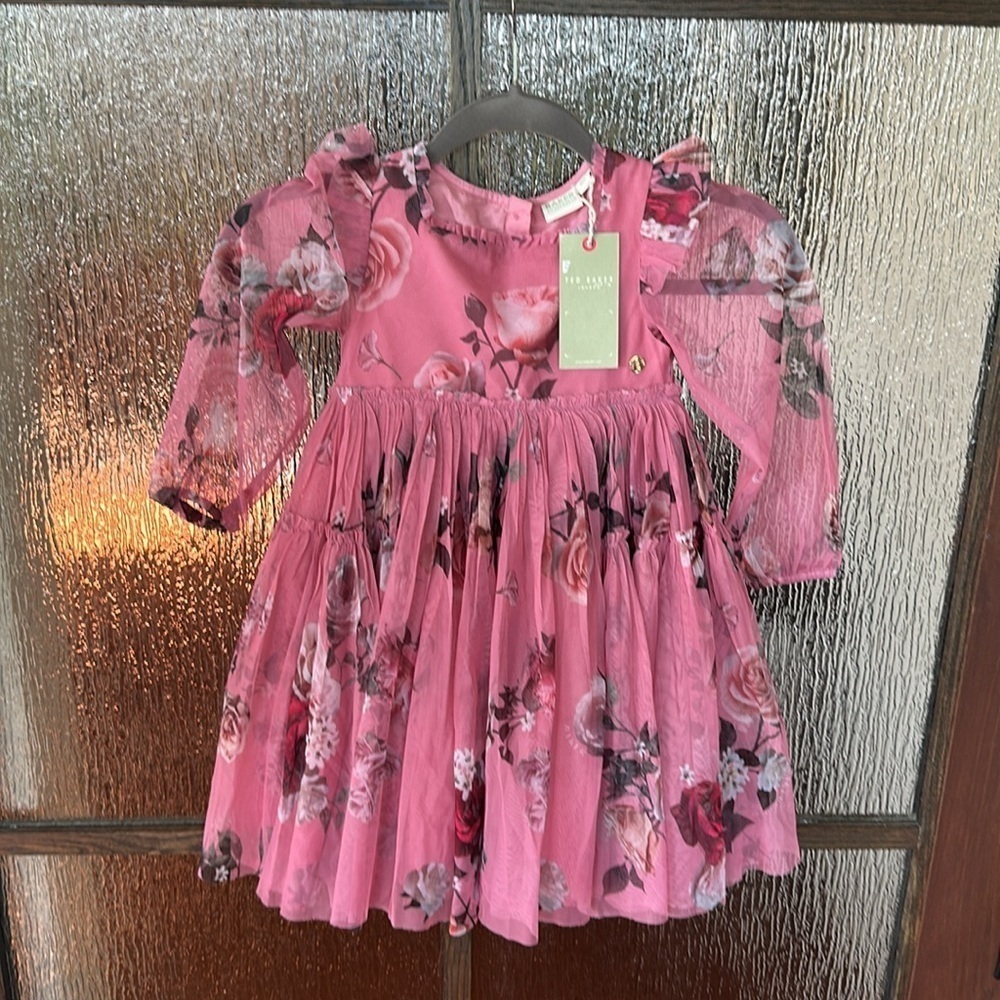 Ted Baker Pink Floral Tulle Long-Sleeve Girls Dress